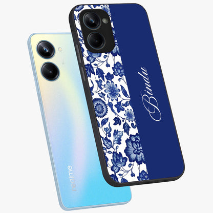 Blue Vintage Floral Pattern Glass Case displayed in angled mockup highlighting subtle bloom pattern with aesthetic pastel design.