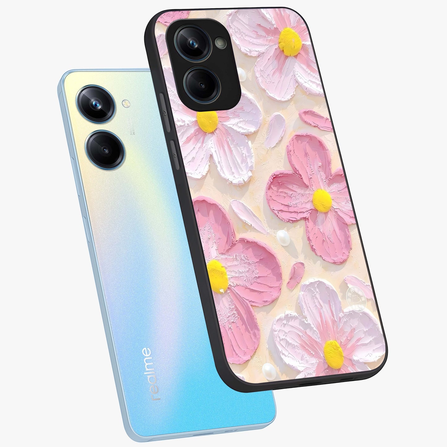 Blush Bloom Texture Glass Case displayed in angled mockup highlighting subtle bloom pattern with aesthetic pastel design.