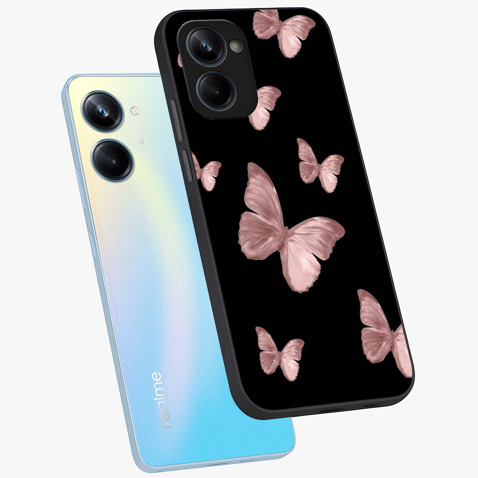 Butterfly Pattern Glass Case displayed in angled mockup highlighting delicate butterfly design and aesthetic pattern style.