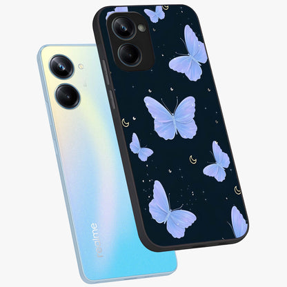 Butterfly With Stars Pattern Glass Case displayed in angled mockup highlighting dreamy butterfly and star design with aesthetic theme.
