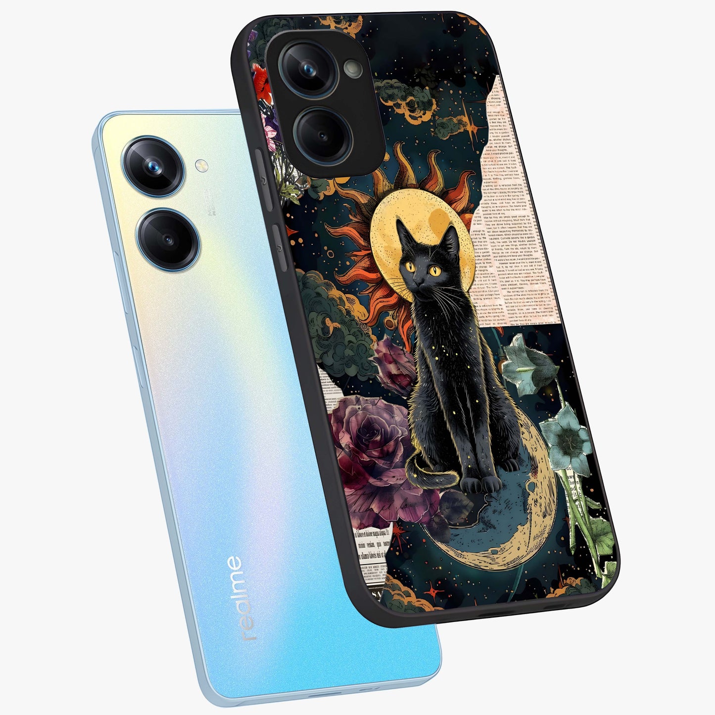 Celestial Black Cat Glass Case displayed in angled mockup highlighting cosmic black cat design with celestial aesthetic.