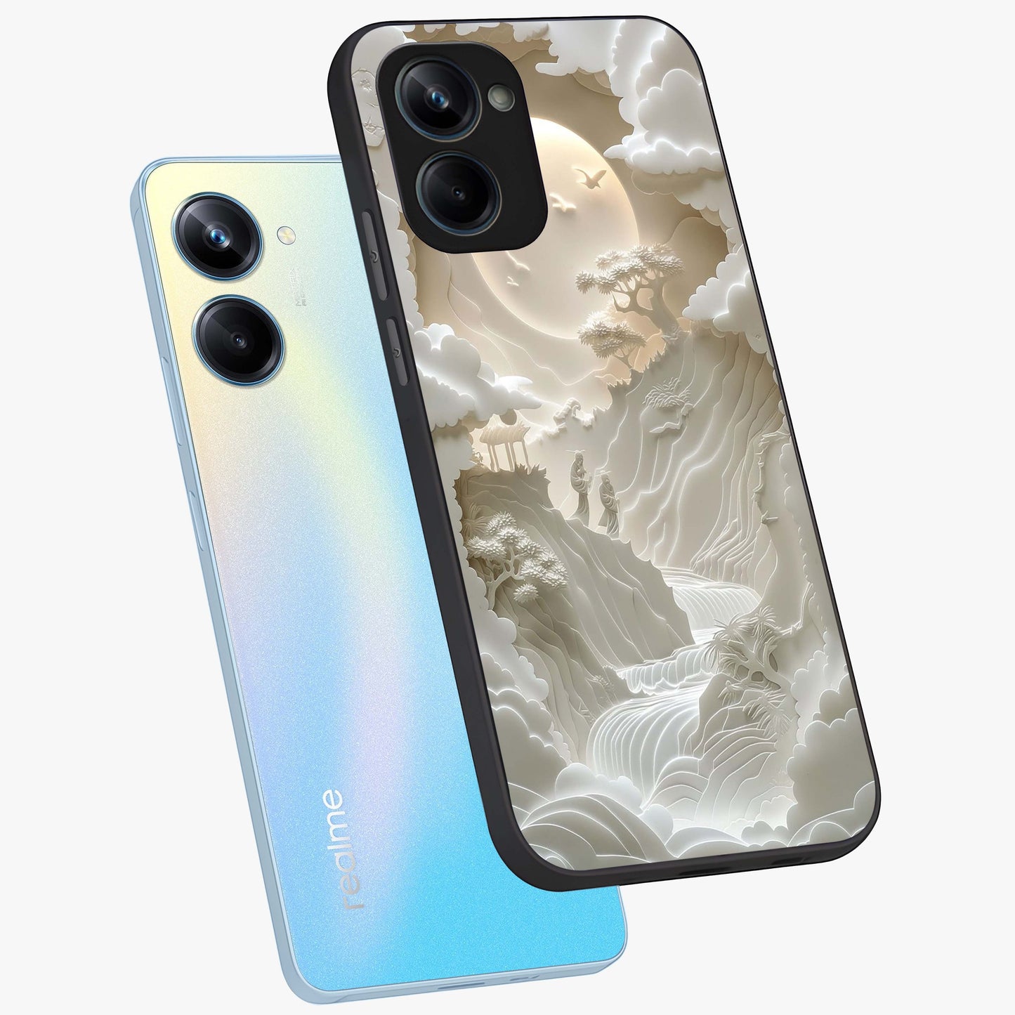 Celestial Origami Glass Case displayed in angled mockup highlighting geometric origami design with cosmic aesthetic theme.