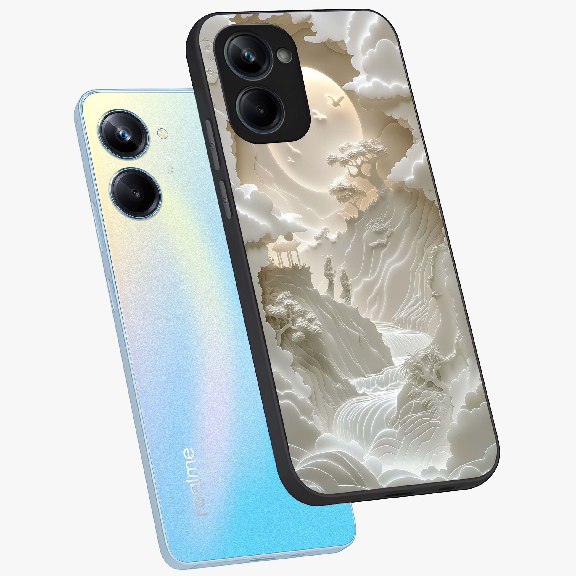 Celestial Origami Glass Case displayed in angled mockup highlighting geometric origami design with cosmic aesthetic theme.