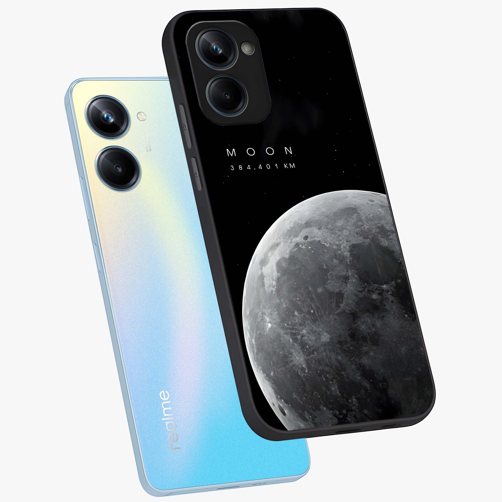 Cosmic Moon Glow Glass Case displayed in angled mockup highlighting celestial moon design with cosmic aesthetic theme.