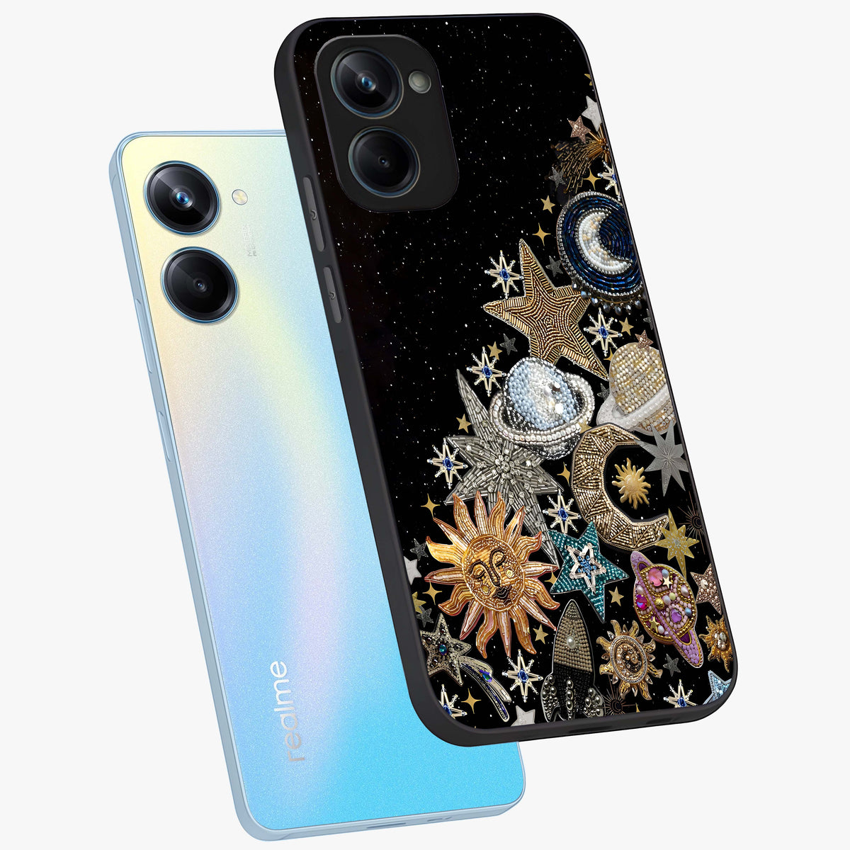 Cosmic Sparkle Dreams Glass Case displayed in angled mockup highlighting dreamy star sparkle design with celestial aesthetic.