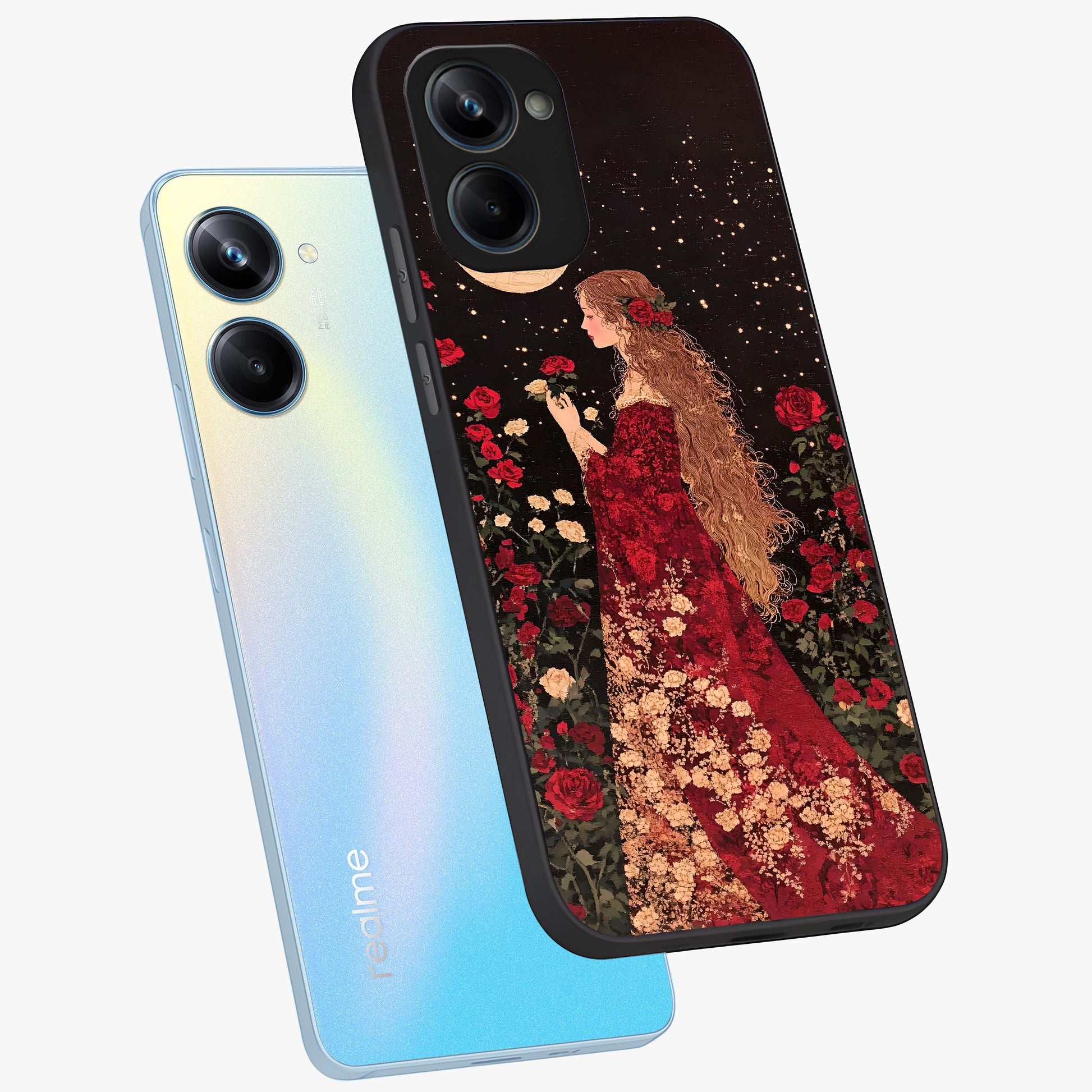 Crimson Dreams Glass Case displayed in angled mockup highlighting soft crimson aesthetic design with artistic theme.