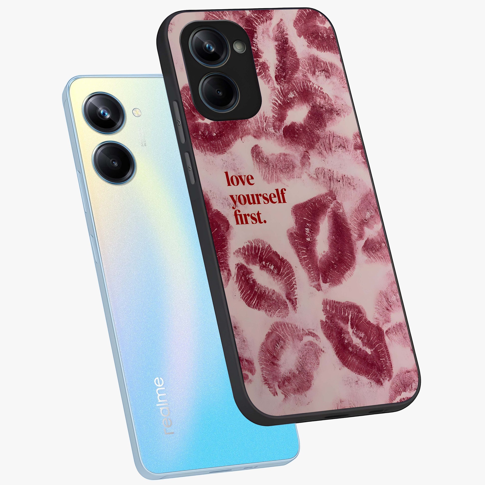 Crimson Kiss Love Glass Case displayed in angled mockup highlighting bold love inspired design with modern aesthetic style.