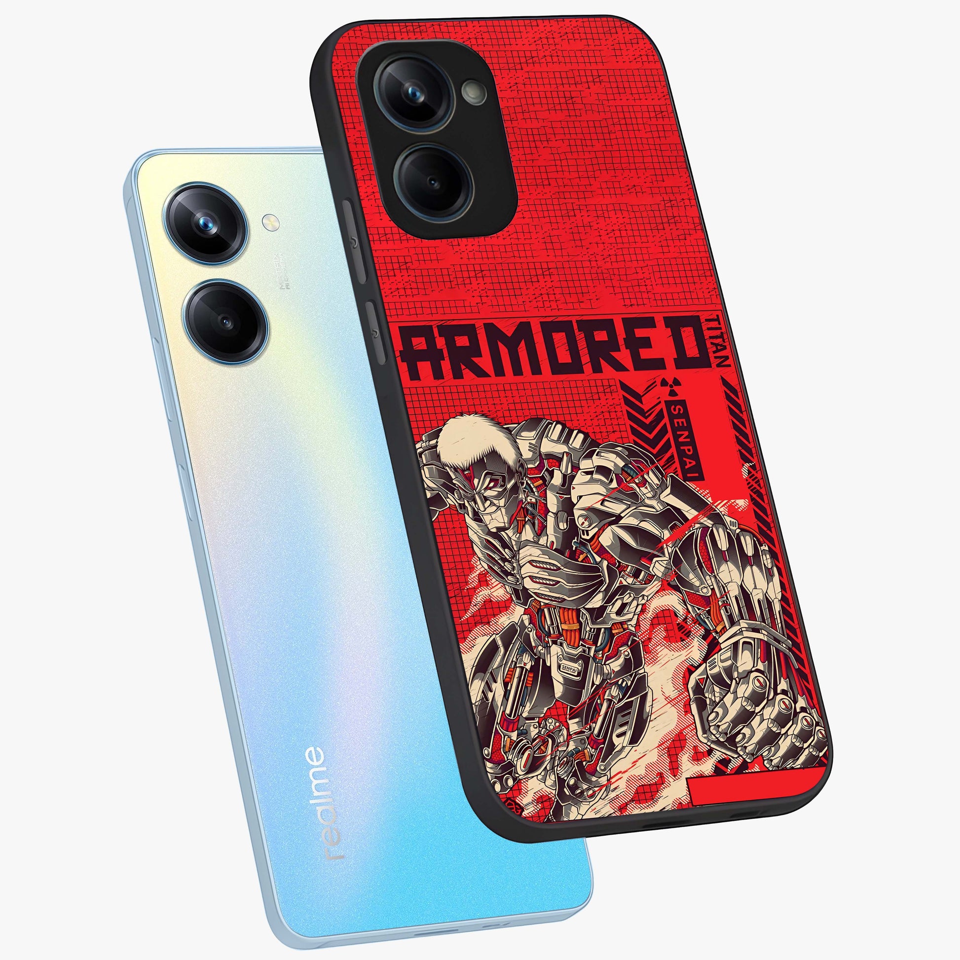 Crimson Mecha Titan Glass Case displayed in angled mockup highlighting futuristic mech illustration with bold crimson aesthetic.