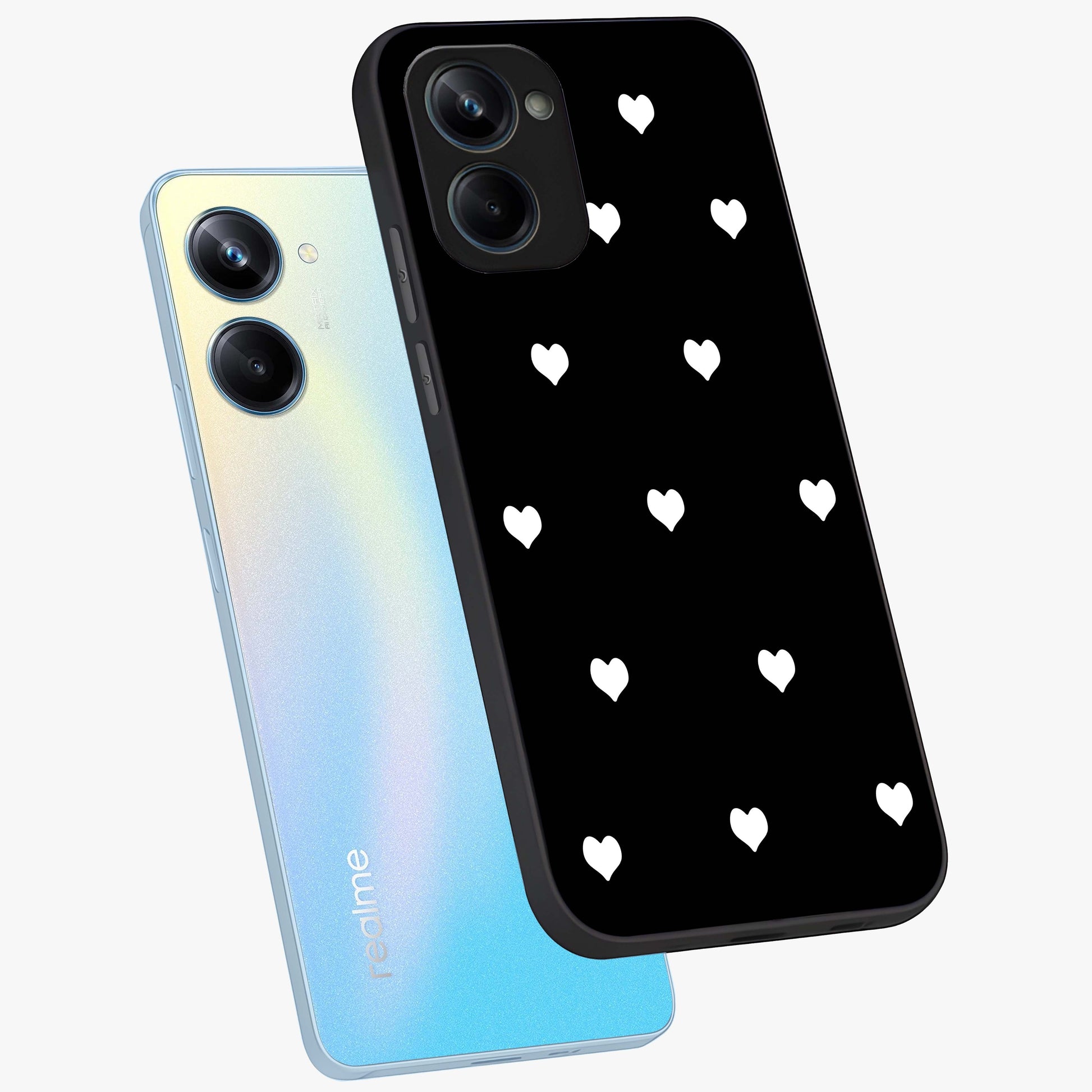 Cute And Simple White Hearts Glass Case displayed in angled mockup highlighting cute heart design with clean aesthetic style.