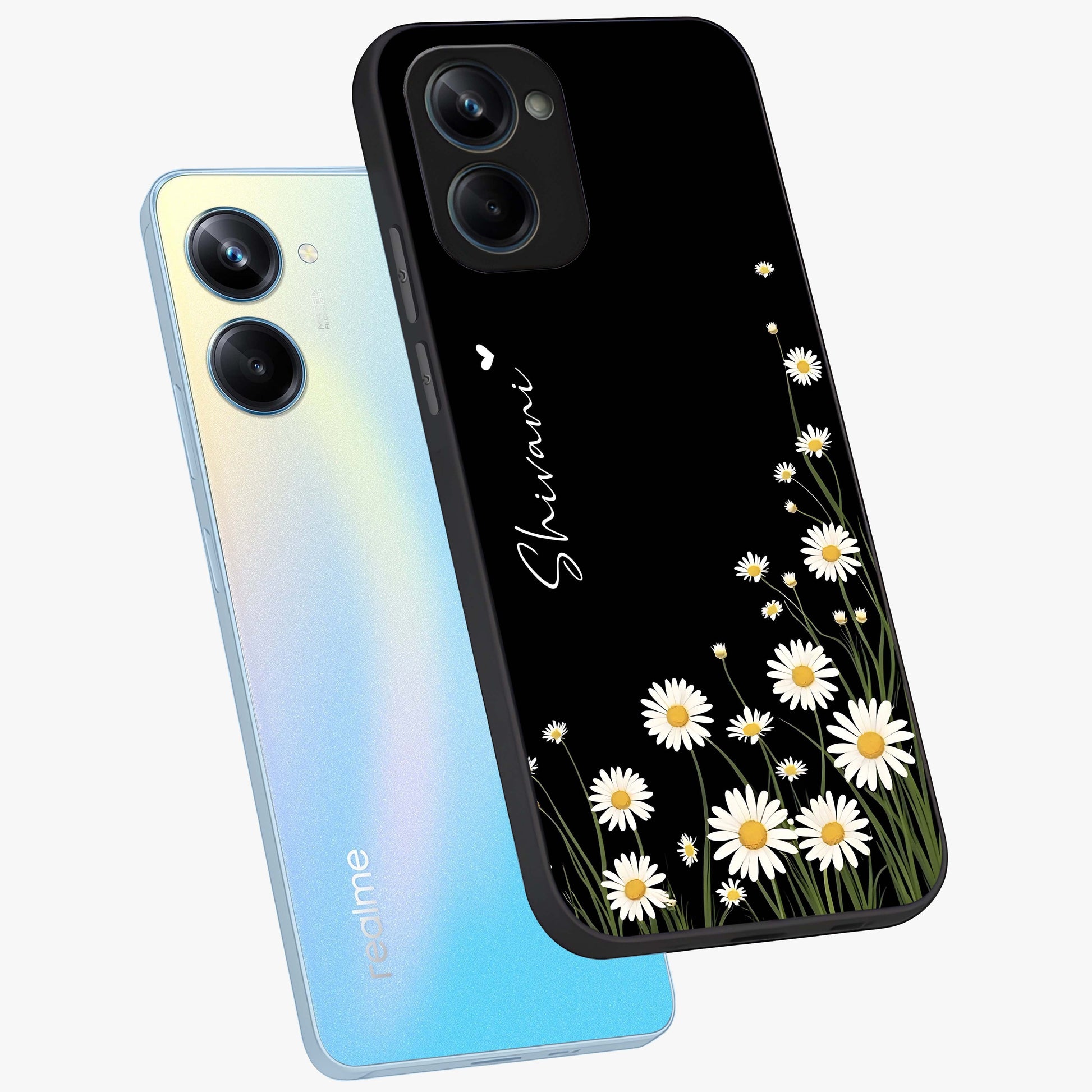 Daisy Cascade Custom Name Glass Case displayed in angled mockup highlighting delicate daisy artwork with custom name feature.