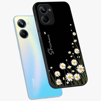 Daisy Cascade Custom Name Glass Case displayed in angled mockup highlighting delicate daisy artwork with custom name feature.