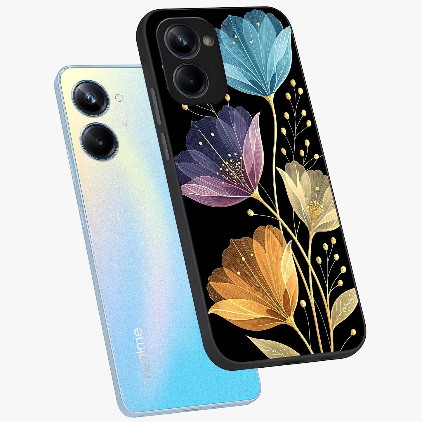 Delicate Multicolor Flowers Glass Case displayed in angled mockup highlighting colorful flower pattern with soft aesthetic style.