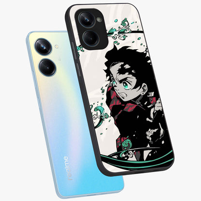 Demon Slayer Glass Case displayed in angled mockup highlighting dramatic anime character design with action aesthetic.