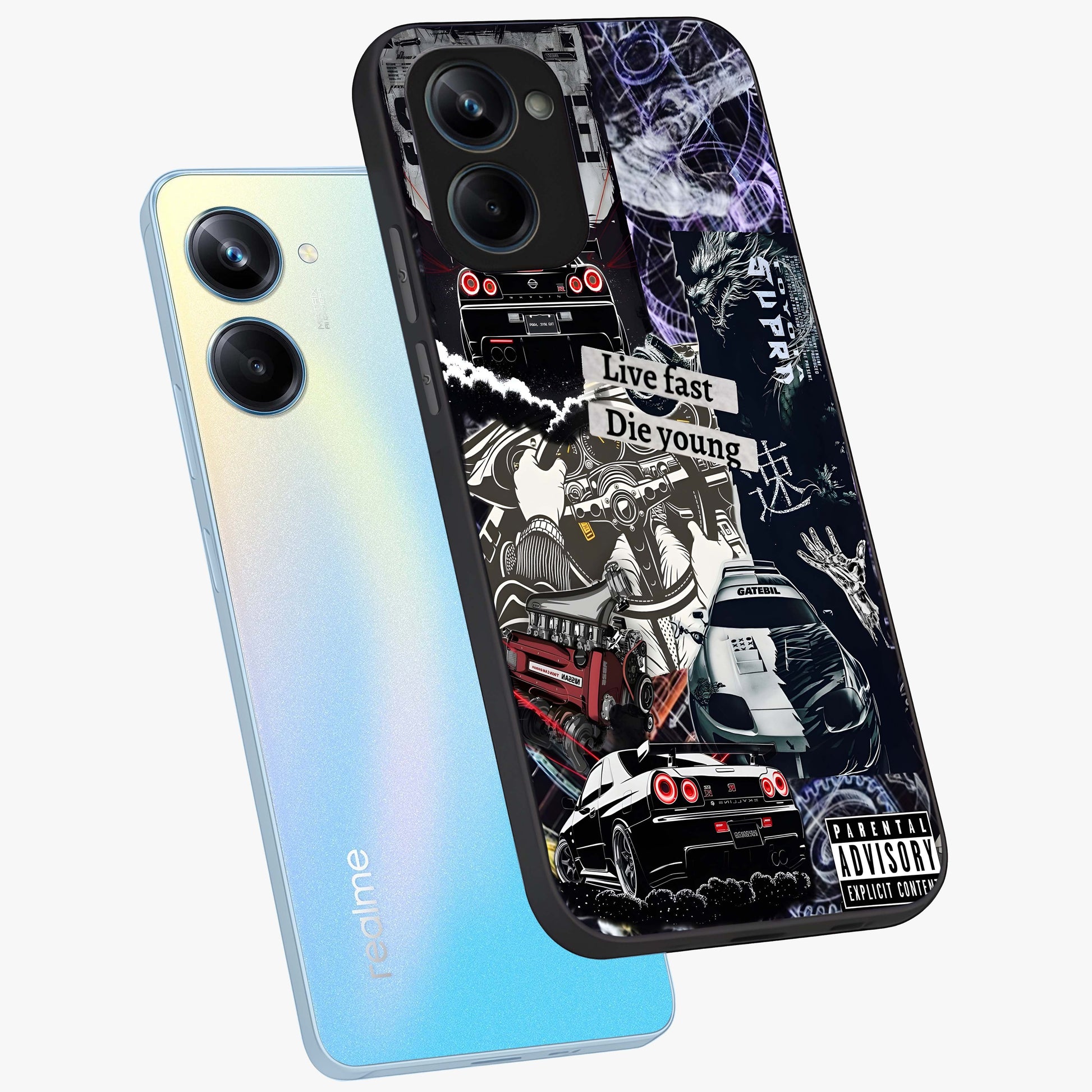 Die Young Glass Case displayed in angled mockup highlighting expressive graphic artwork with edgy aesthetic style.