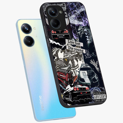 Die Young Glass Case displayed in angled mockup highlighting expressive graphic artwork with edgy aesthetic style.