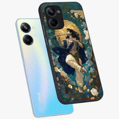 Divine Krishna Art Glass Case displayed in angled mockup highlighting spiritual Krishna illustration with devotional aesthetic.