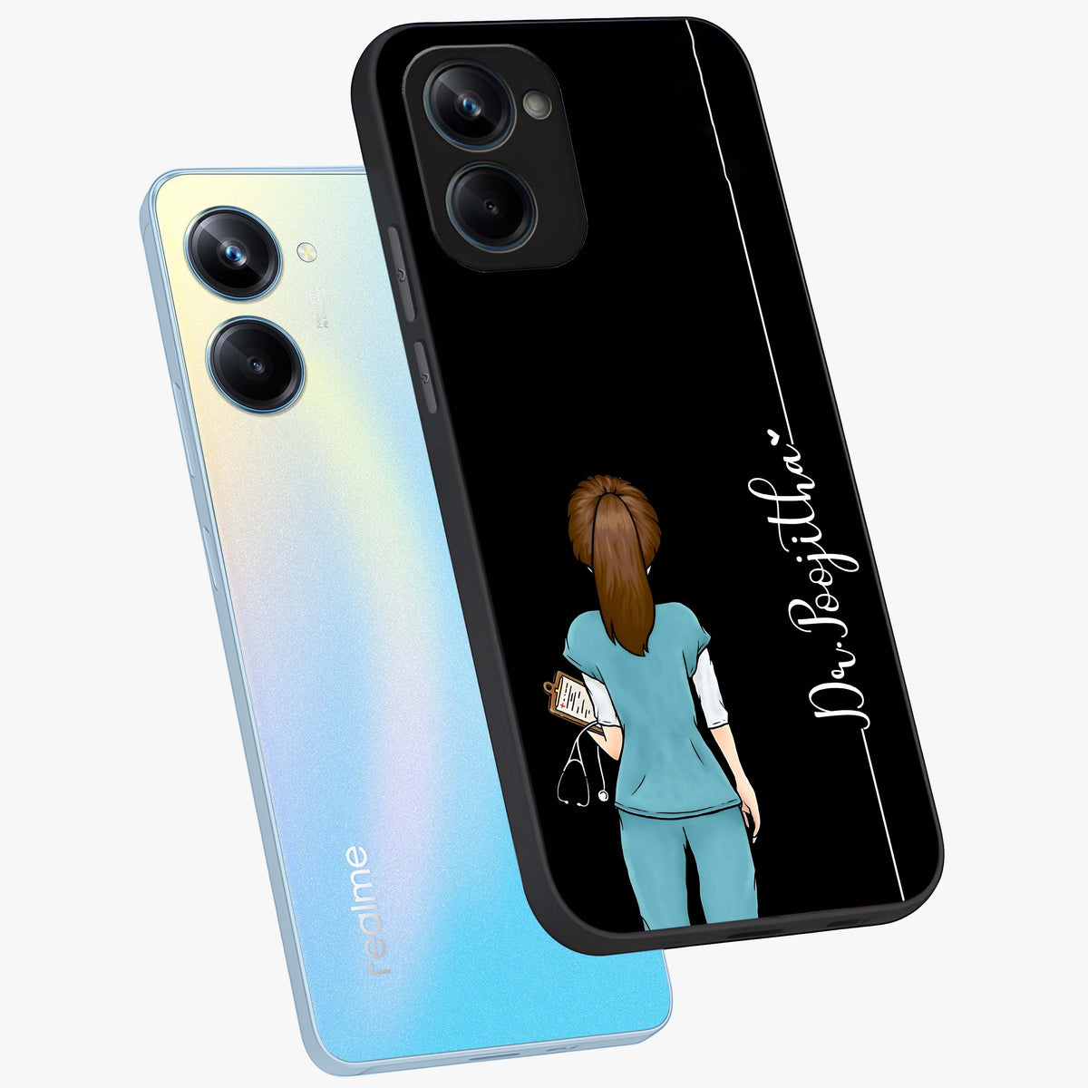 Doctor Pattern Custom Name Glass Case displayed in angled mockup highlighting doctor inspired artwork with custom name feature.