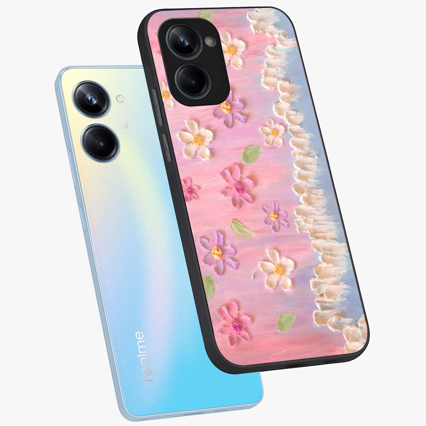 Dreamy Painted Garden Glass Case displayed in angled mockup highlighting colorful garden illustration with dreamy aesthetic style.