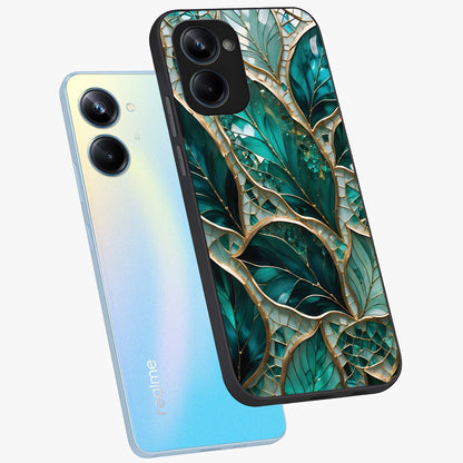 Emerald Leaf Glass Glass Case displayed in angled mockup highlighting botanical leaf illustration with elegant natural aesthetic.