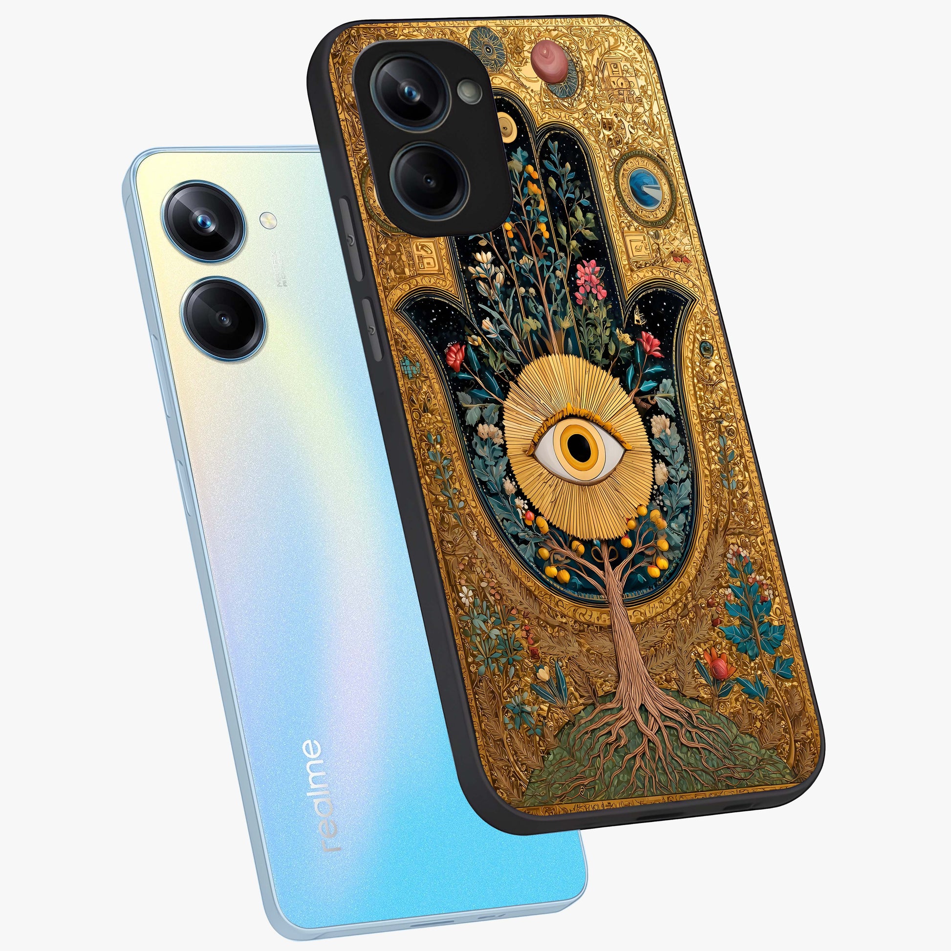Ethereal Evil Eye Glass Case displayed in angled mockup highlighting protective evil eye symbol with spiritual aesthetic design.