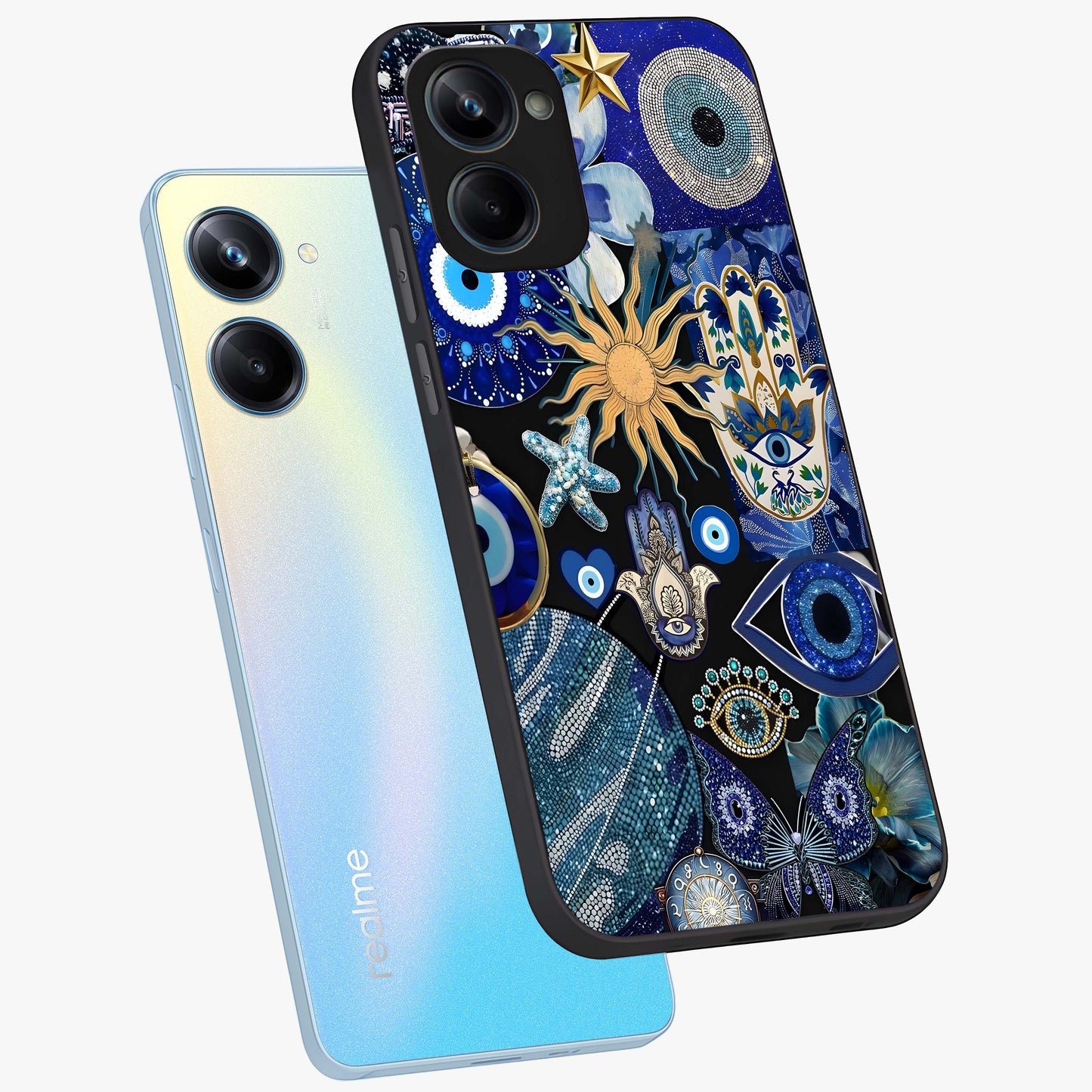 Evil Eye Charm Mix Glass Case displayed in angled mockup highlighting protective evil eye symbols with spiritual aesthetic design.