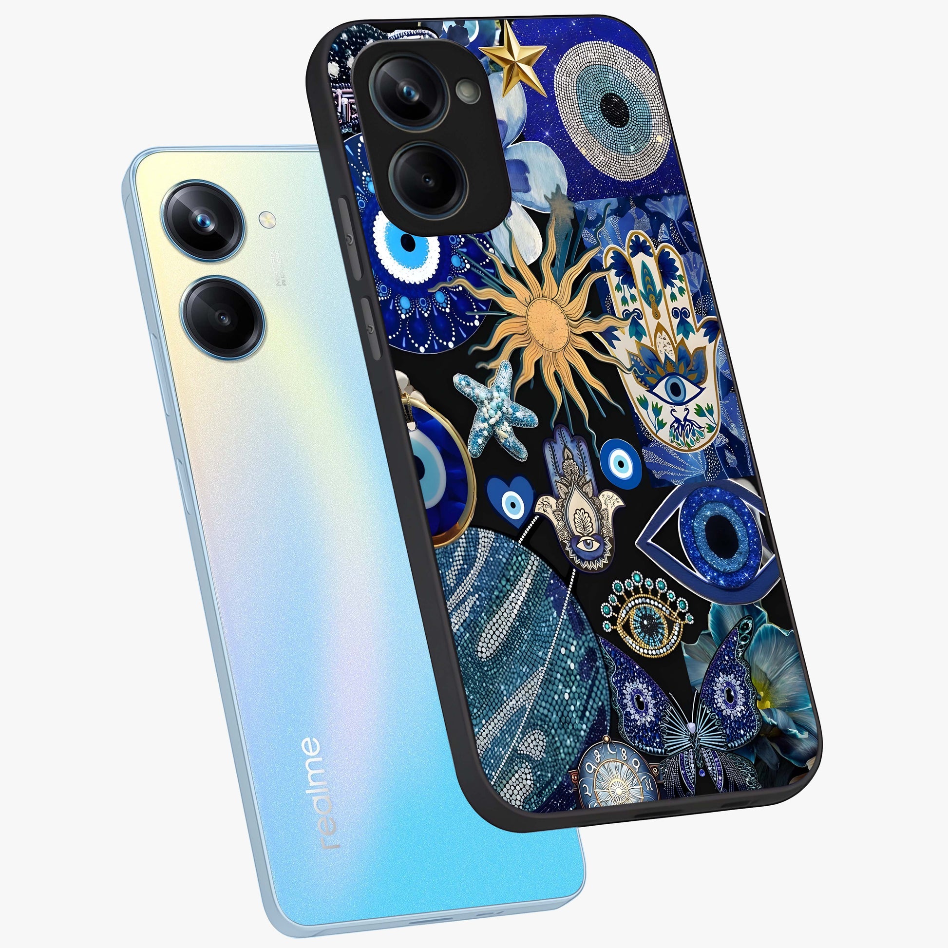 Evil Eye Charm Mix Glass Case displayed in angled mockup highlighting protective evil eye symbols with spiritual aesthetic design.