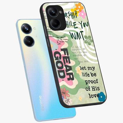 Faith Over Fear Glass Case displayed in angled mockup highlighting inspirational message design with modern aesthetic style.