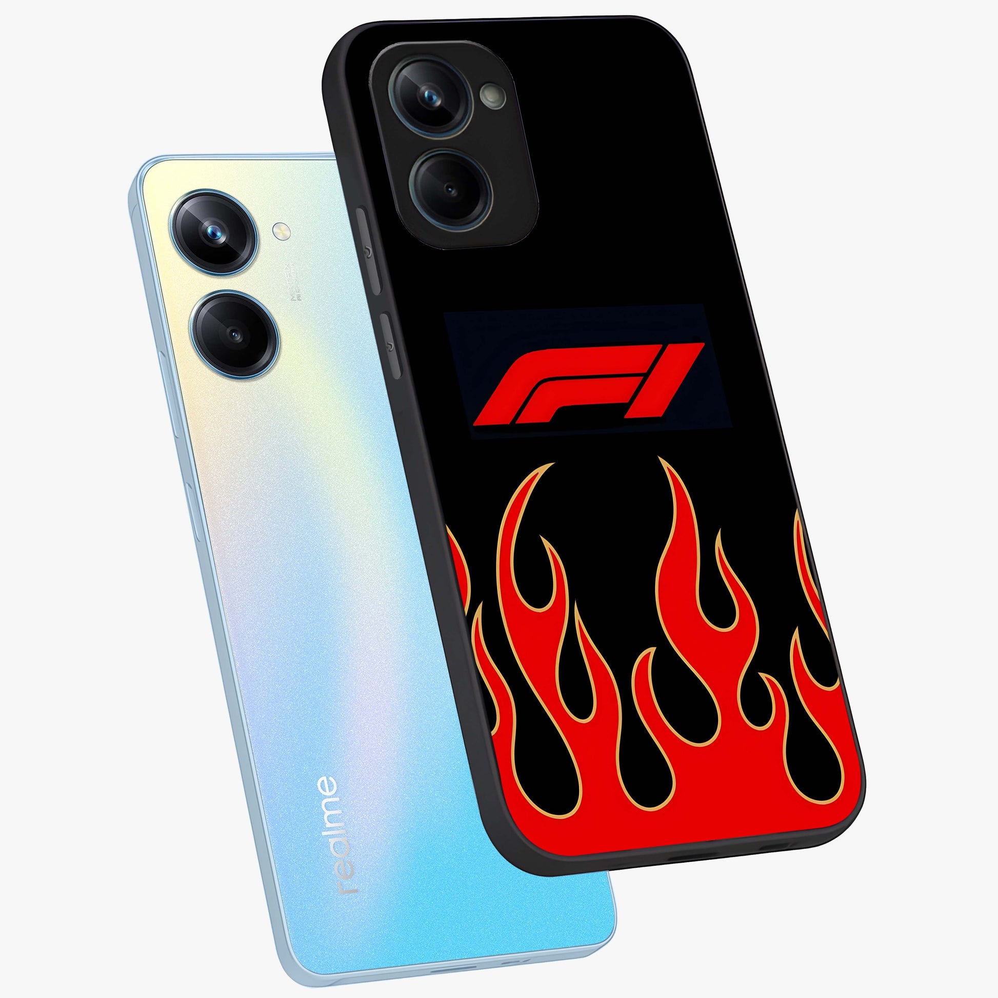 Fire F11 Glass Case displayed in angled mockup highlighting bold fire inspired graphic with energetic aesthetic style.