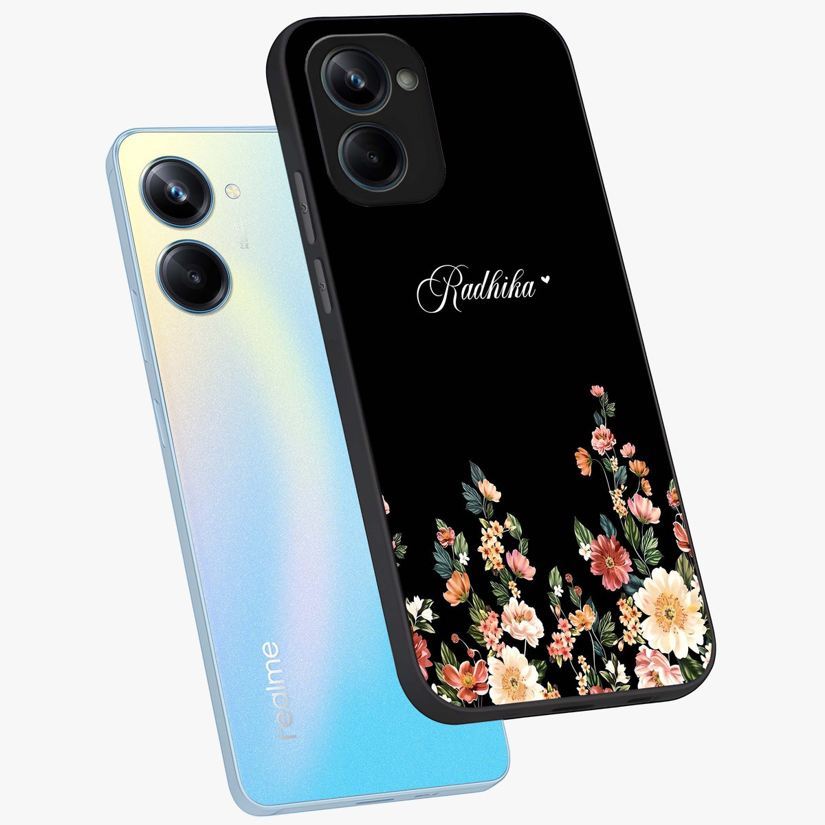 Floral Design With a Custom Personalized Name Glass Case displayed in angled mockup highlighting elegant floral pattern with custom name feature.