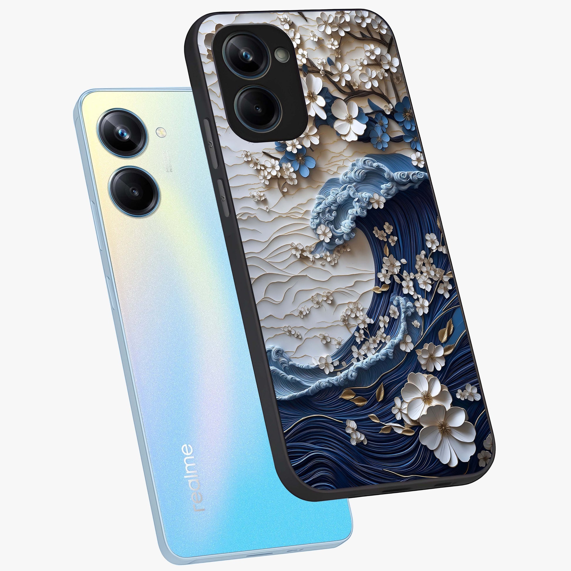 Floral Wave Origami Glass Case displayed in angled mockup highlighting geometric origami flower design with modern aesthetic style.