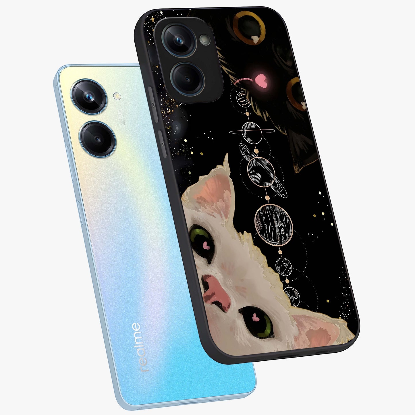 Galactic Cat Glass Case displayed in angled mockup highlighting celestial feline illustration with galaxy aesthetic style.
