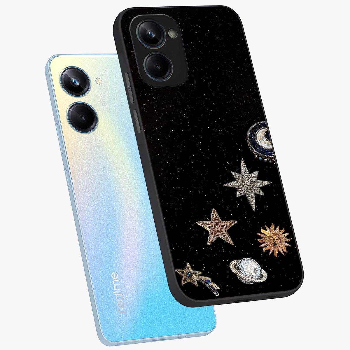 Galactic Charm Glow Glass Case displayed in angled mockup highlighting luminous galaxy inspired design with dreamy aesthetic.