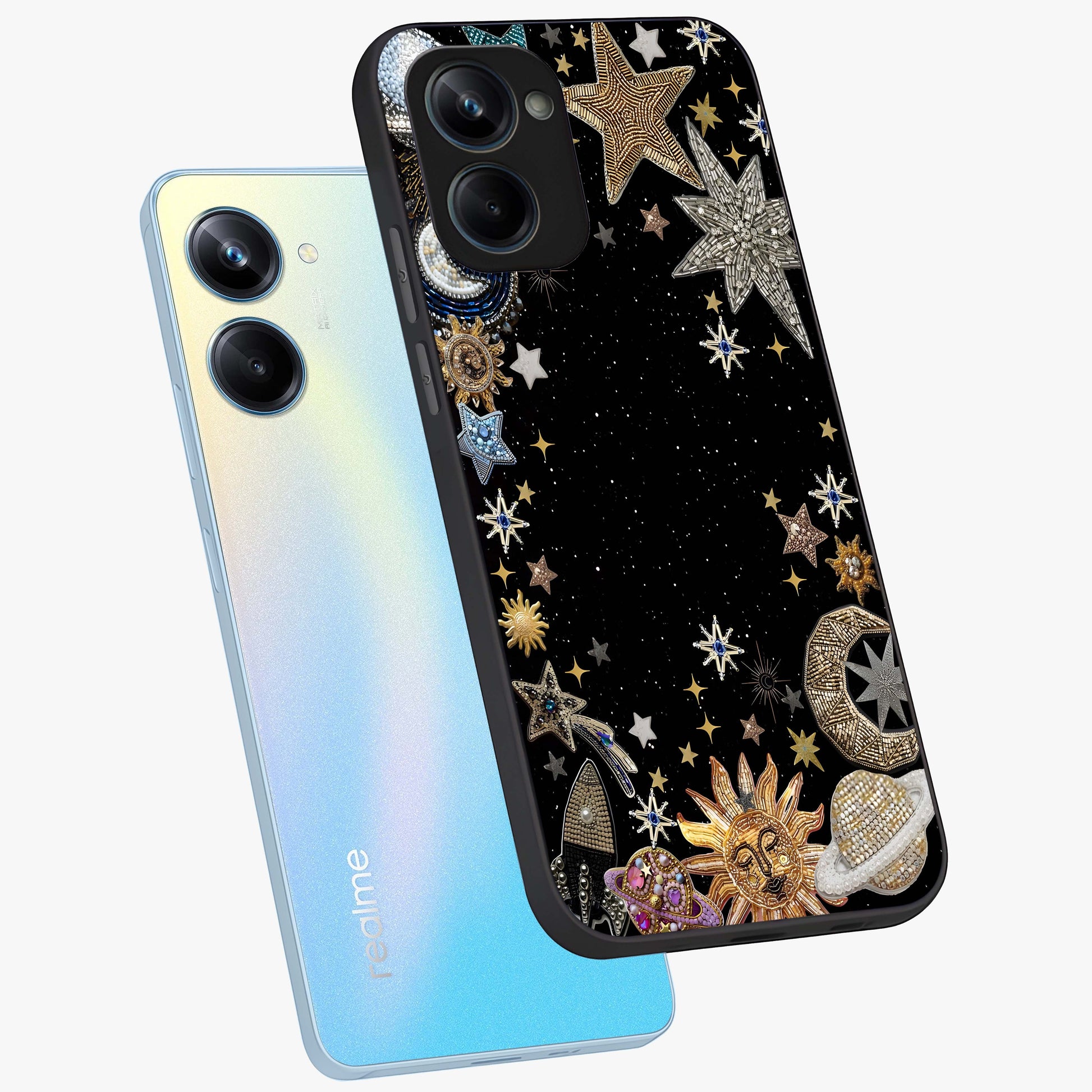 Galactic Jewel Stars Glass Case displayed in angled mockup highlighting shining celestial star design with cosmic aesthetic style.