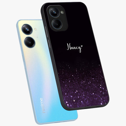 Glittery Purple Bokeh Custom Name Glass Case displayed in angled mockup highlighting glitter bokeh pattern with custom name feature.