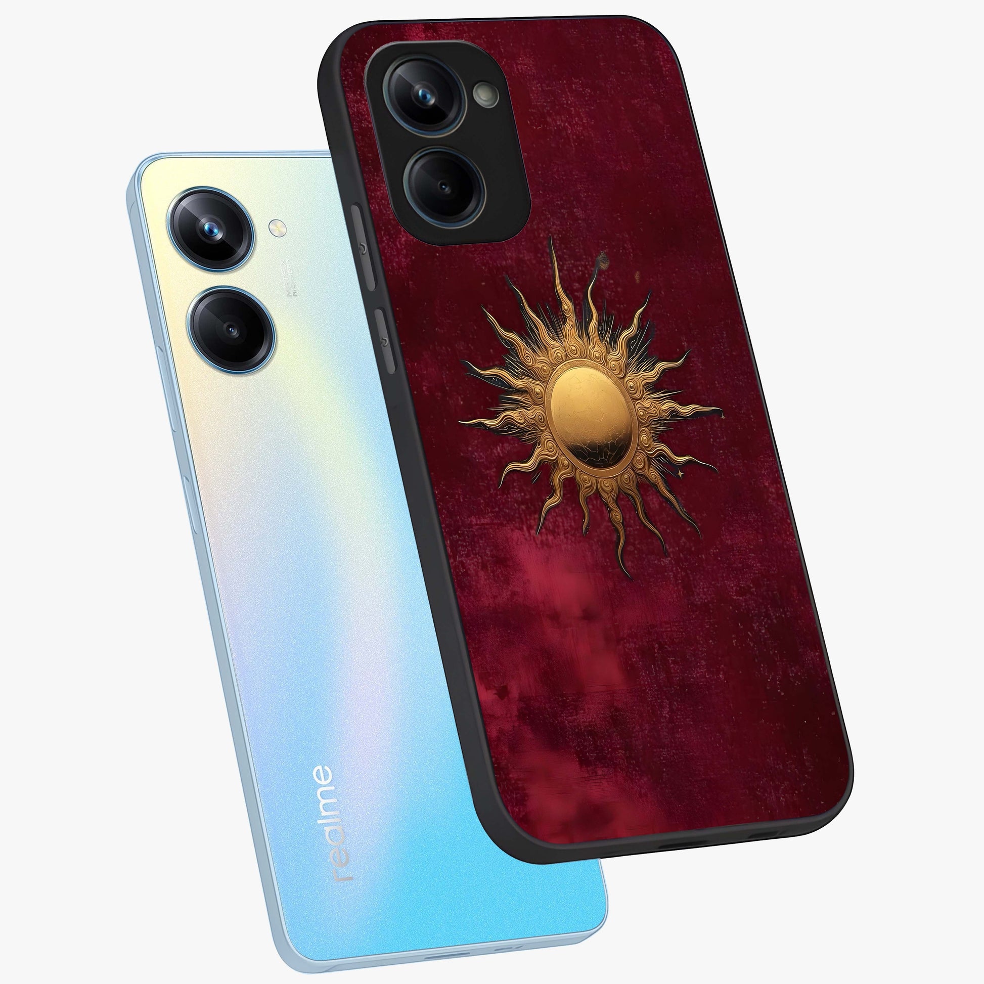 Golden Sun Minimalism Glass Case displayed in angled mockup highlighting clean sun symbol design with modern minimal aesthetic.