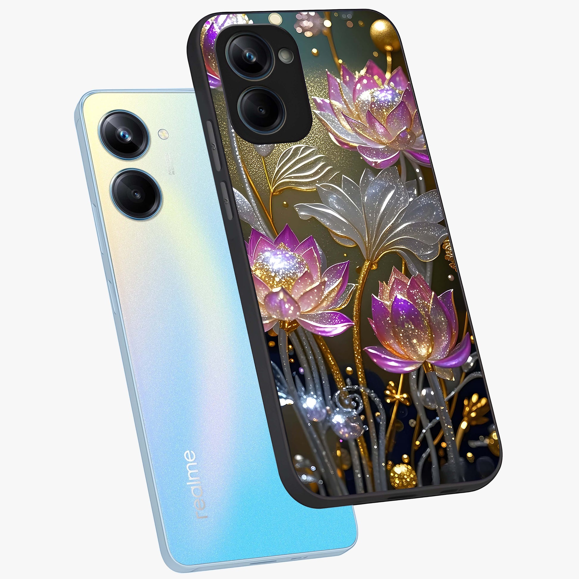Golden Floral Majesty Glass Case displayed in angled mockup highlighting elegant flower design with royal golden aesthetic.