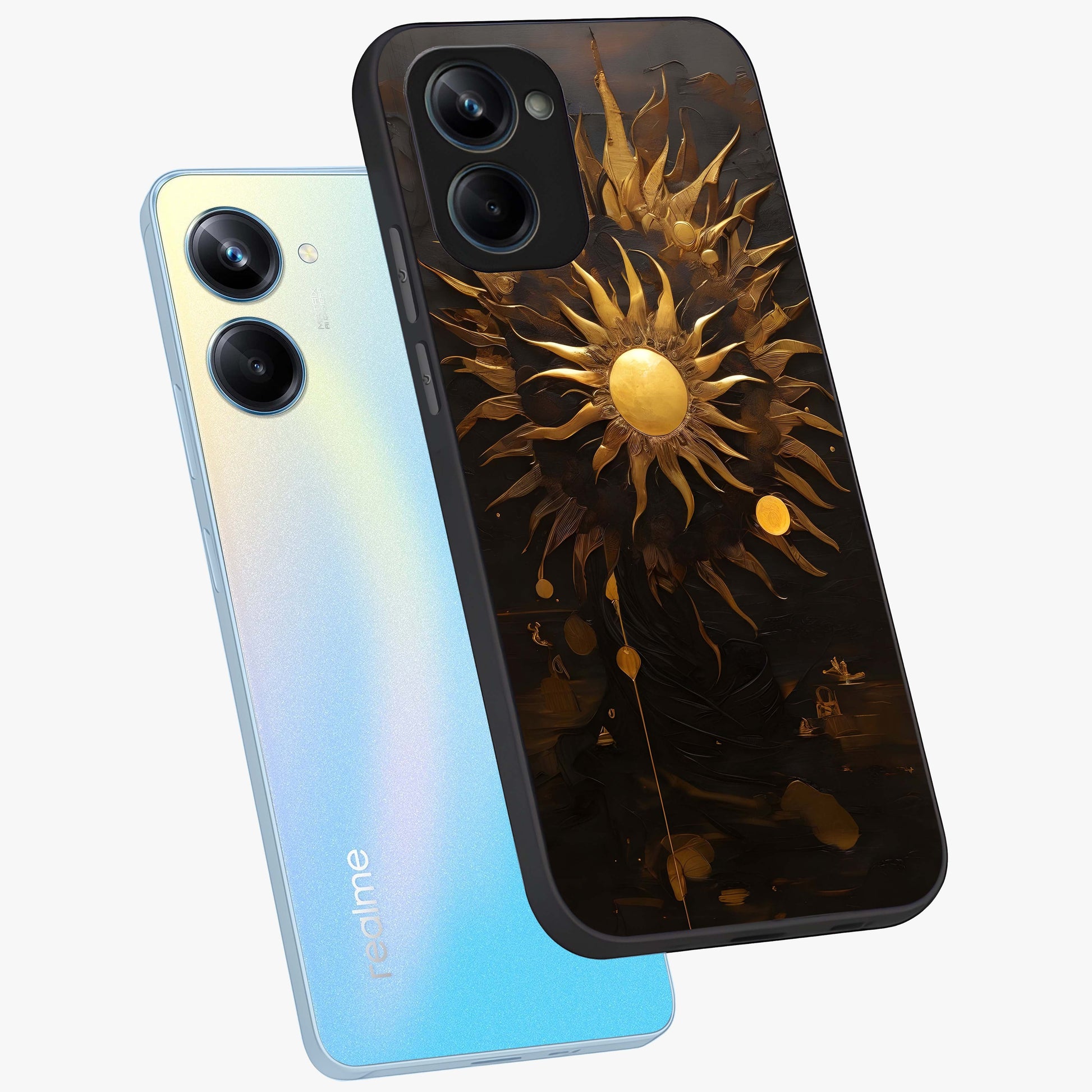 Golden Sun Majesty Glass Case displayed in angled mockup highlighting eerie shadow illustration with gothic aesthetic.