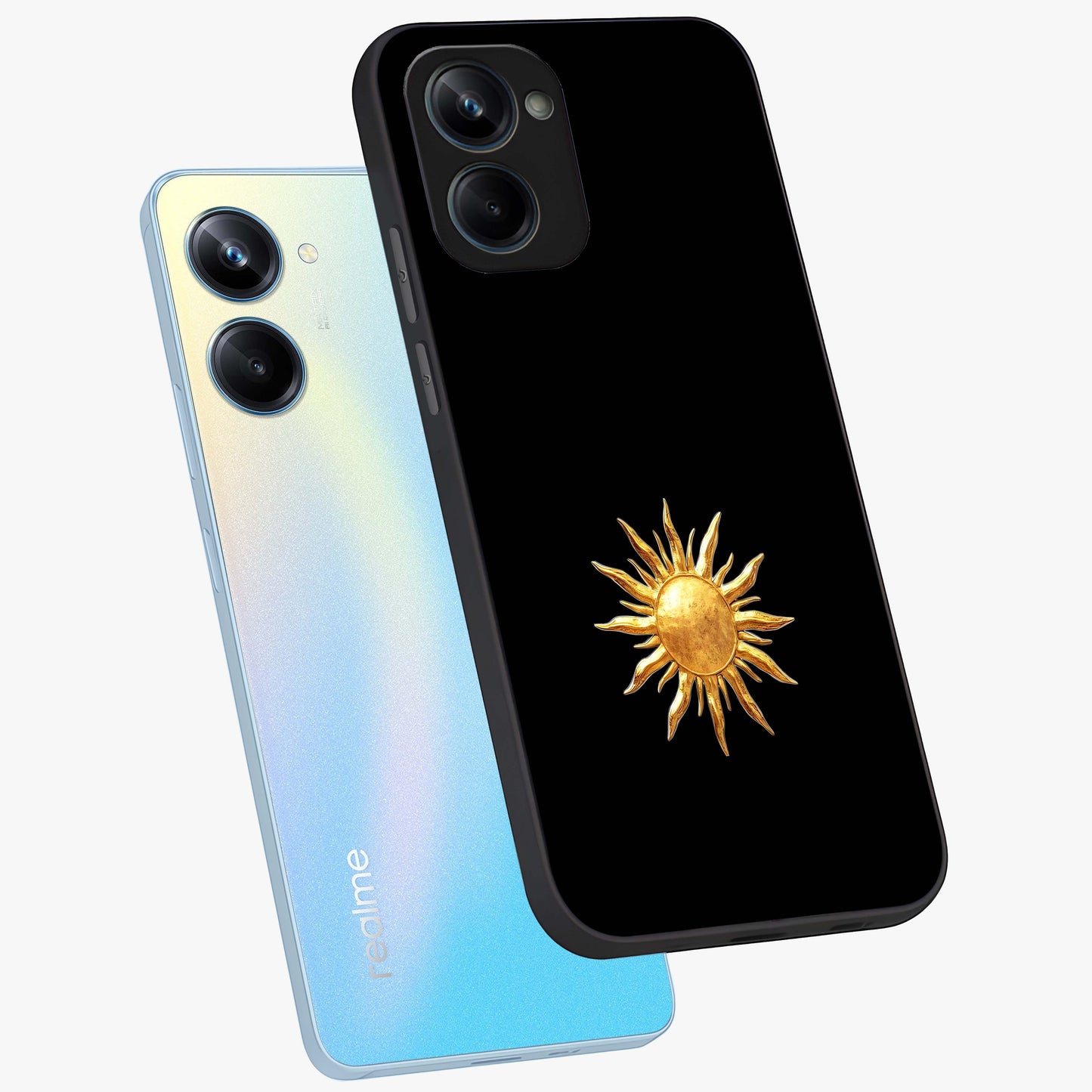 Golden Sun Minimalism Glass Case displayed in angled mockup highlighting eerie shadow illustration with gothic aesthetic.