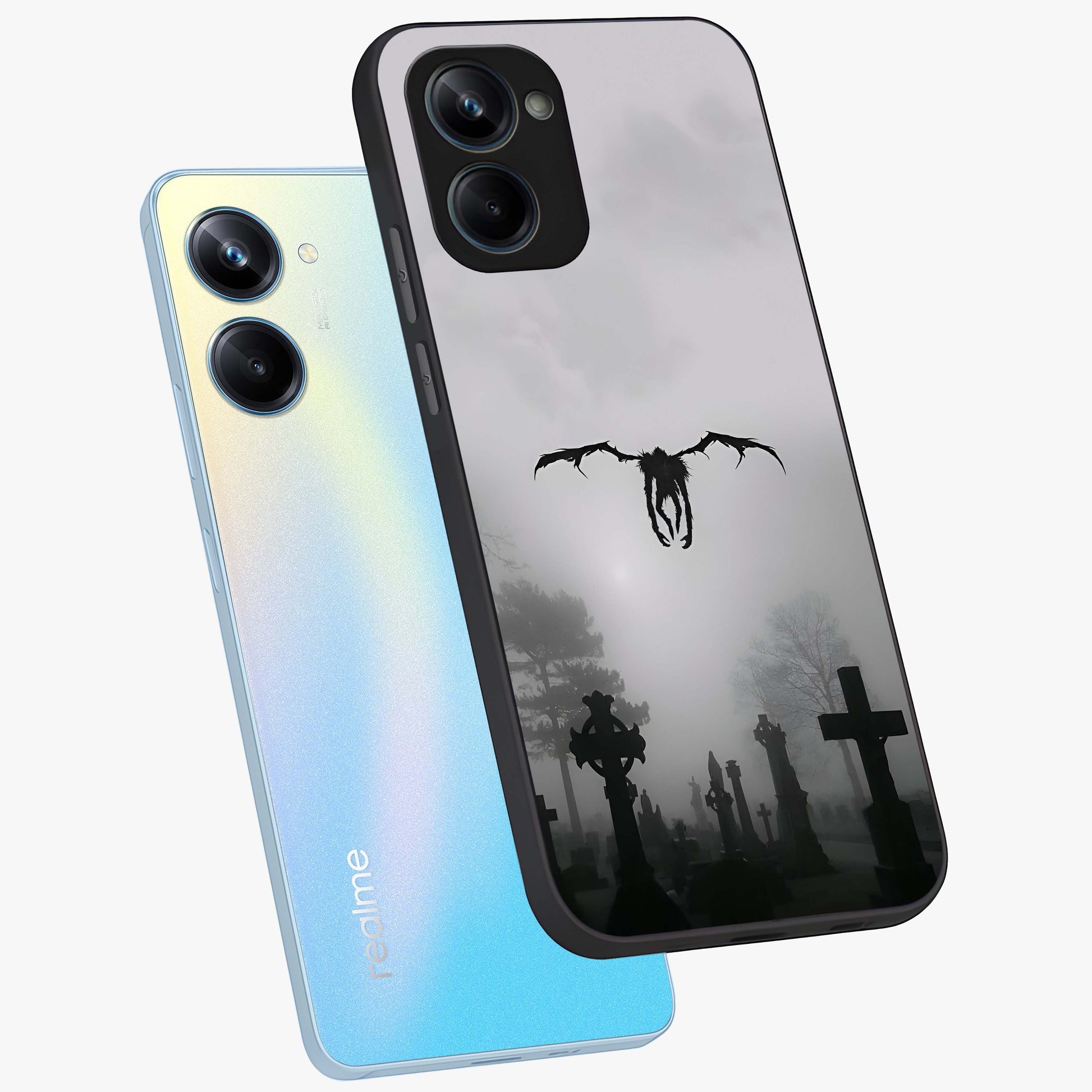 Graveyard Shadow Descent Glass Case displayed in angled mockup highlighting eerie shadow illustration with gothic aesthetic.