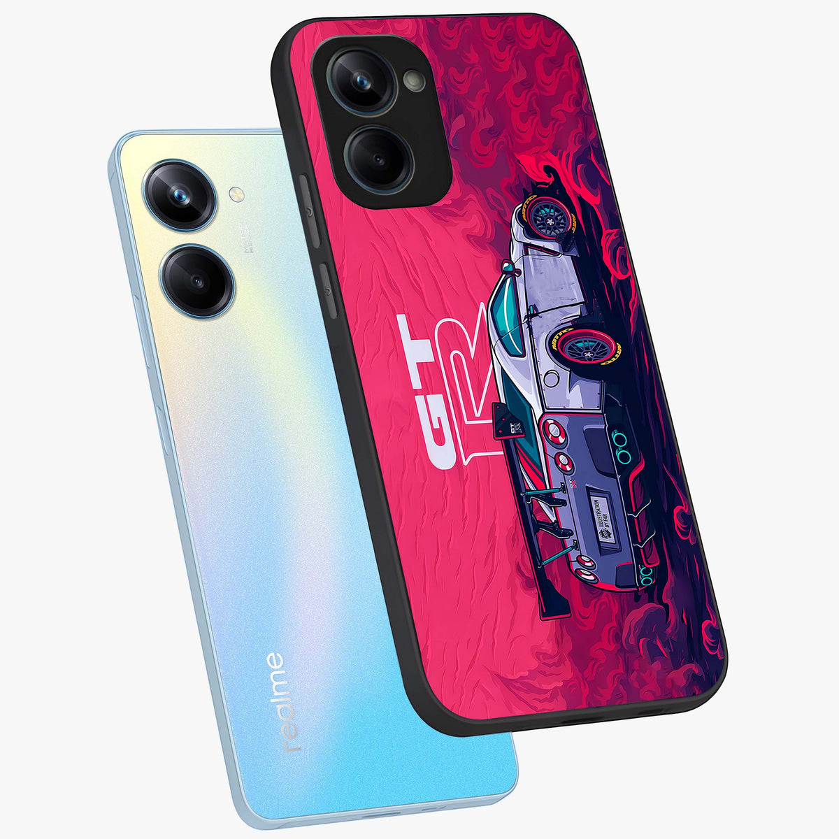 GT-R Car Pattern Glass Case displayed in angled mockup highlighting racing car graphic design with bold automotive aesthetic.