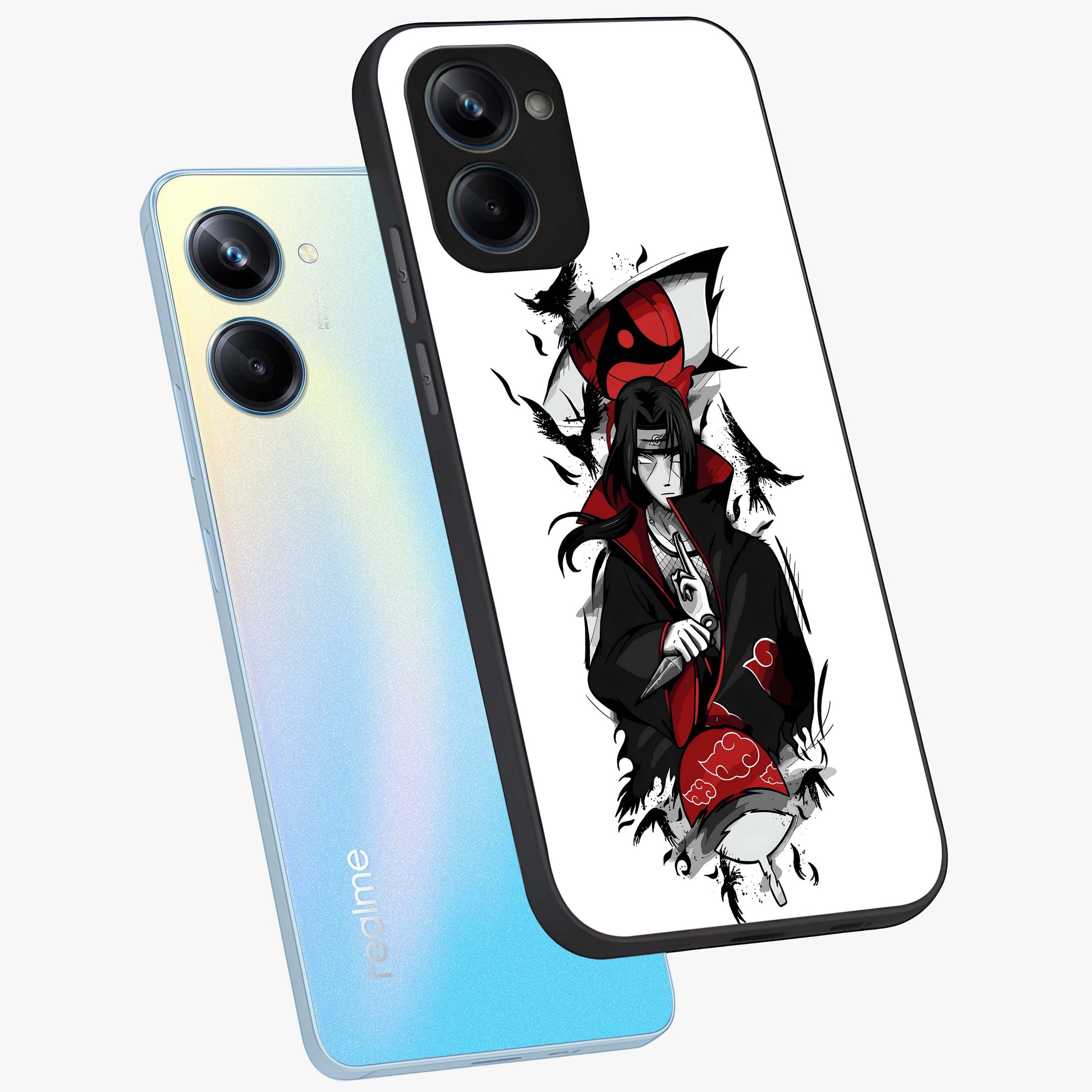 Itachi Limited Edition Naruto Anime Glass Case displayed in angled mockup highlighting dramatic anime illustration with bold action aesthetic.