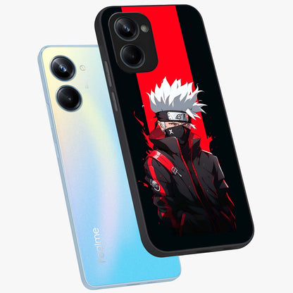 Kakashi Scarlet Shadow Glass Case displayed in angled mockup highlighting dramatic ninja illustration with scarlet themed aesthetic.