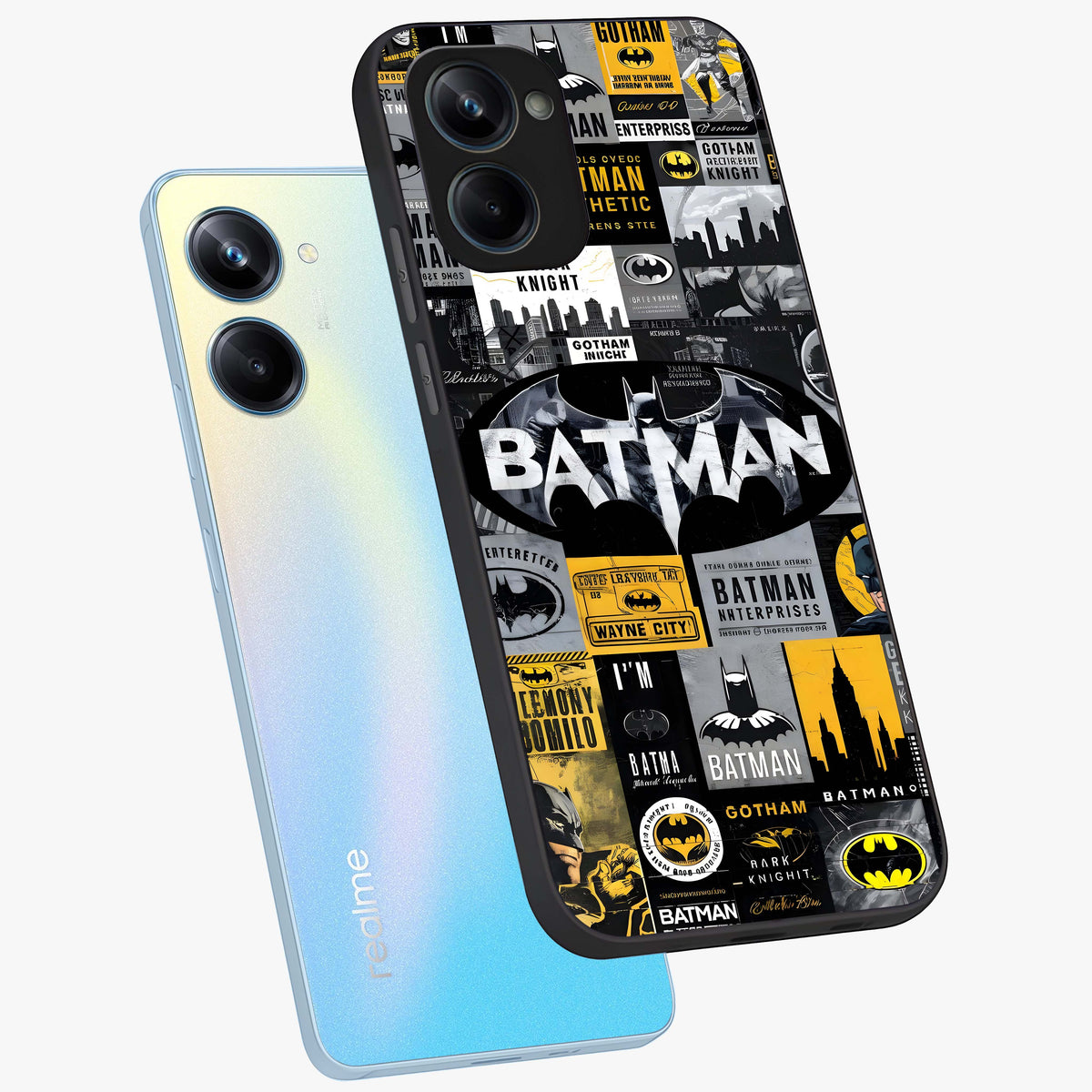 Knight Gotham Rise Glass Case displayed in angled mockup highlighting powerful knight silhouette design with dramatic aesthetic.