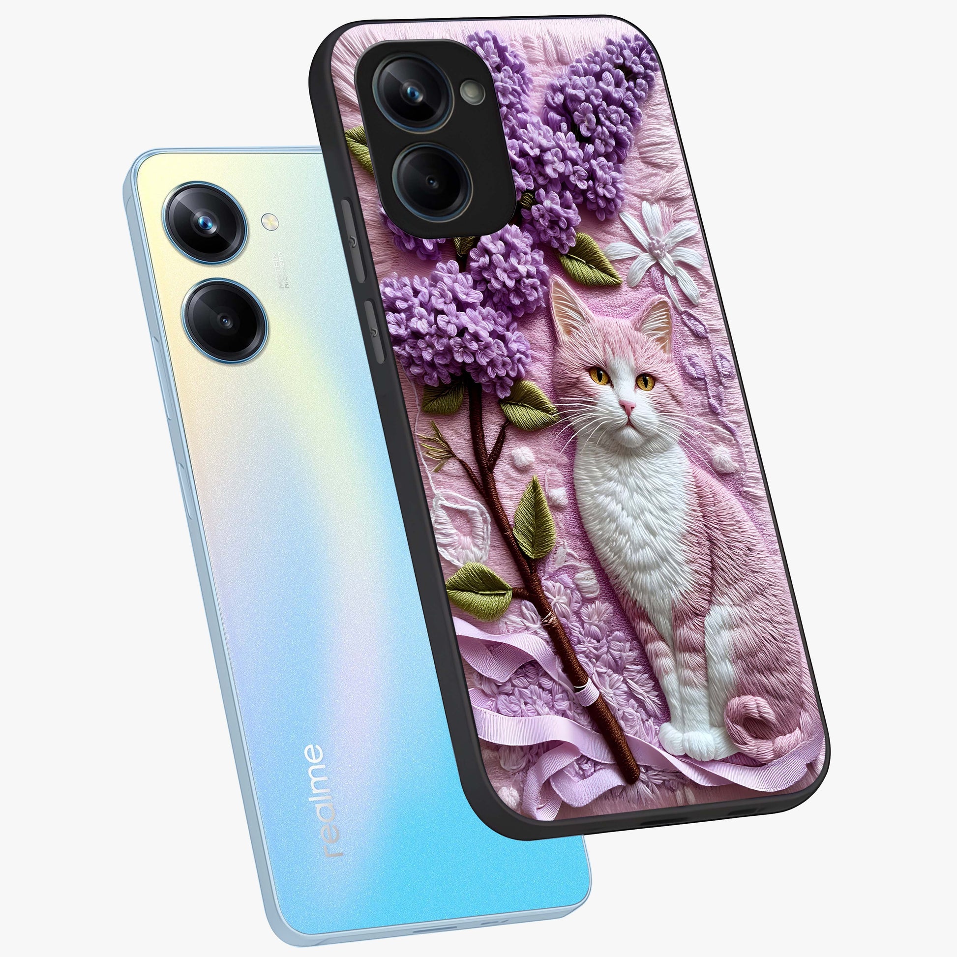 Lavender Cat Whimsy Glass Case displayed in angled mockup highlighting playful feline illustration with pastel lavender aesthetic.