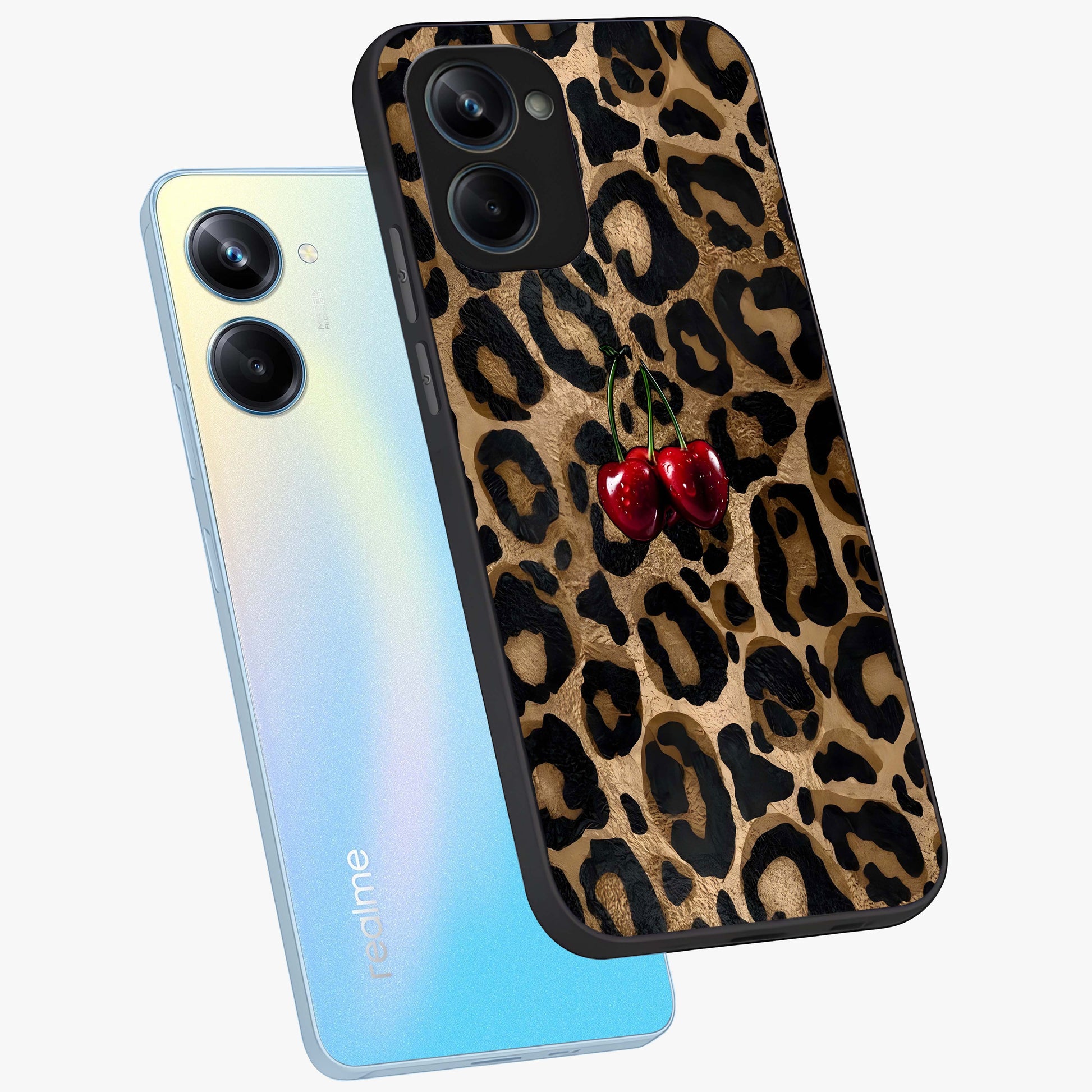 Leopard Wild Cherry Glass Case displayed in angled mockup highlighting bold animal print design with playful cherry aesthetic.