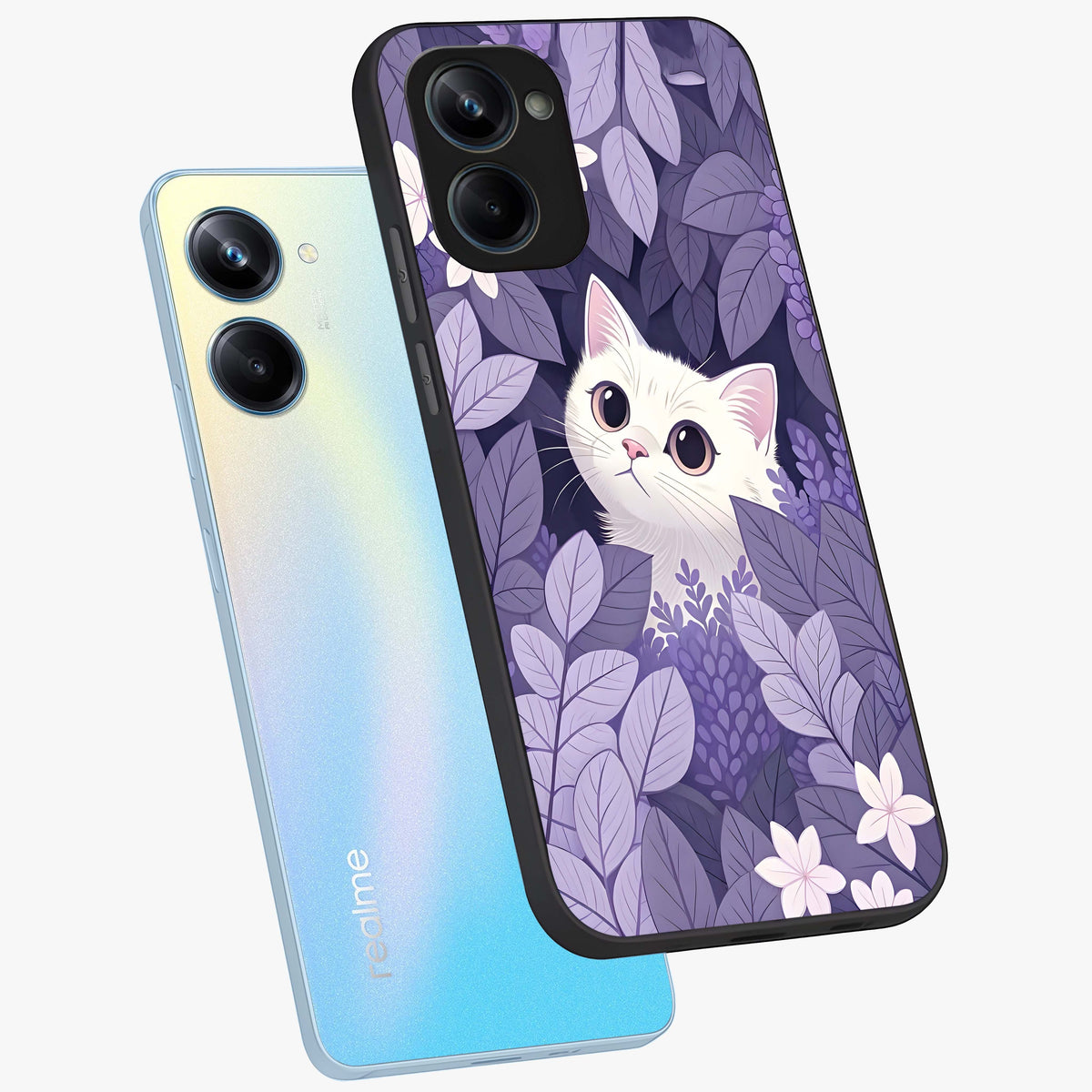 Lilac Hide Peek Cat Glass Case displayed in angled mockup highlighting playful feline illustration with lilac aesthetic design.