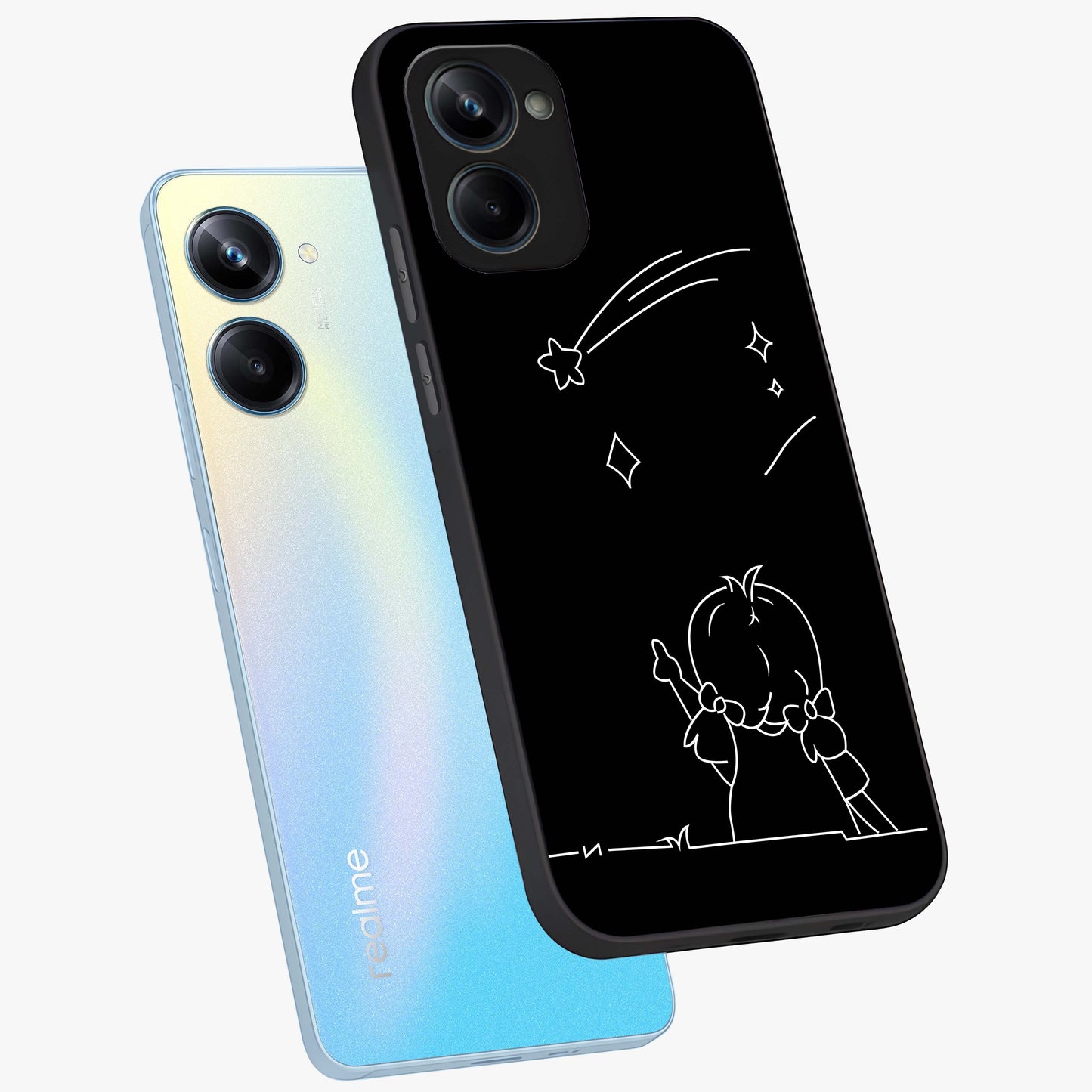 Line Art Girl With Shooting Stars Glass Case displayed in angled mockup highlighting elegant line art design with dreamy star aesthetic.