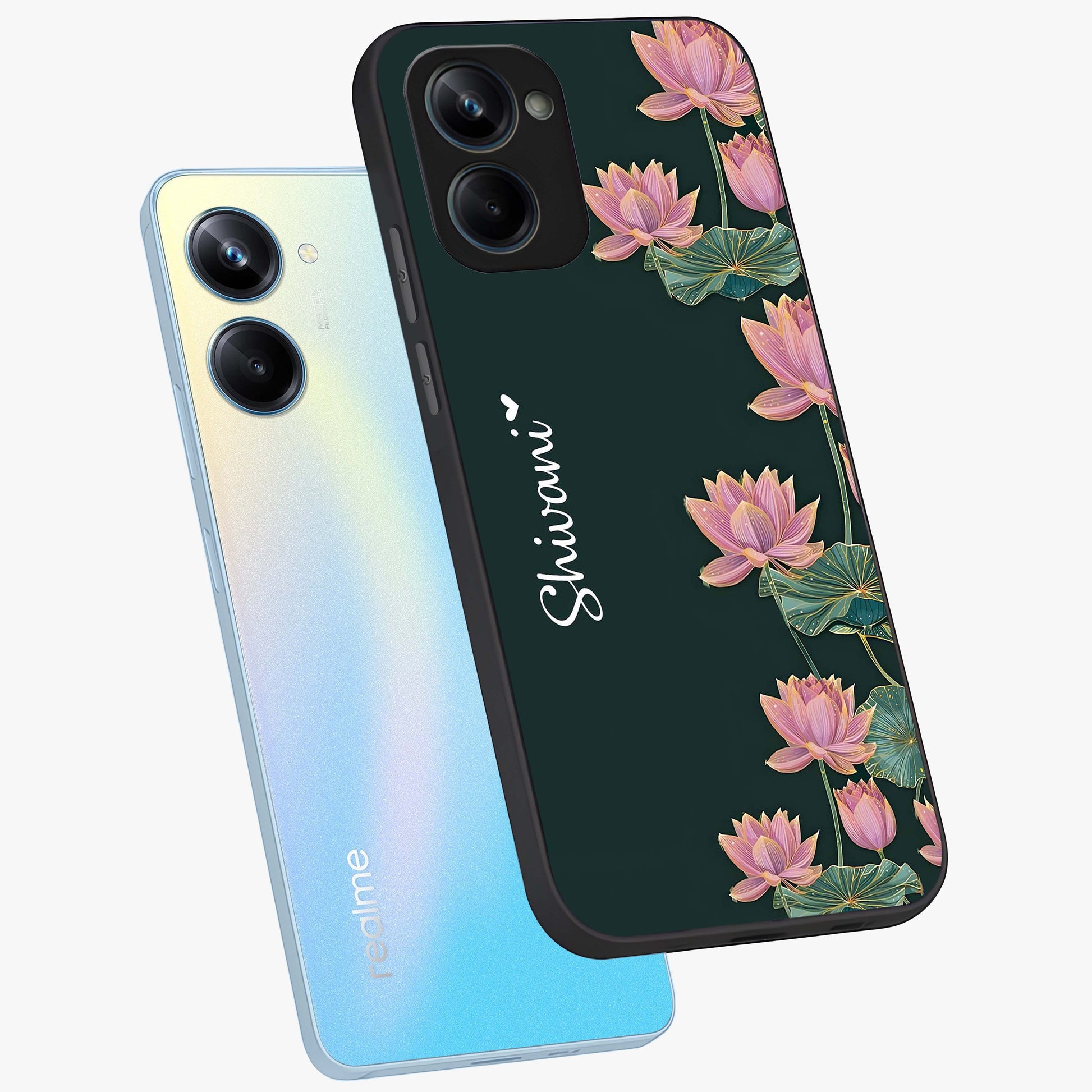 Lotus Bloom Serenity Custom Name Glass Case displayed in angled mockup highlighting graceful lotus illustration with custom name feature.