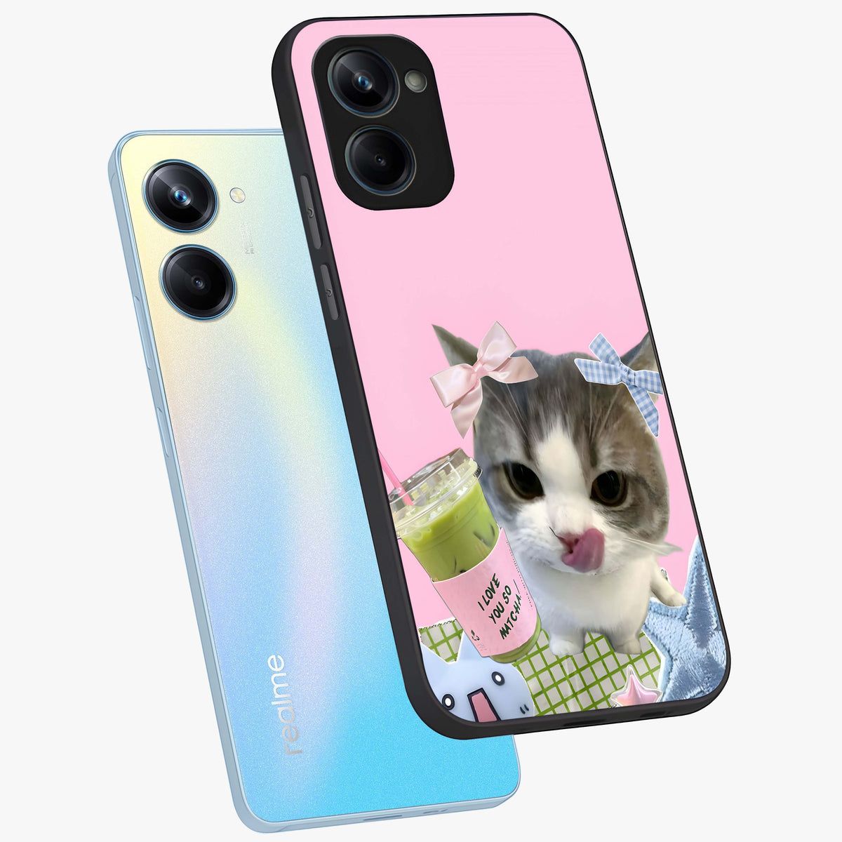 Love Matcha Cat Glass Case displayed in angled mockup highlighting playful feline illustration with cozy matcha aesthetic.