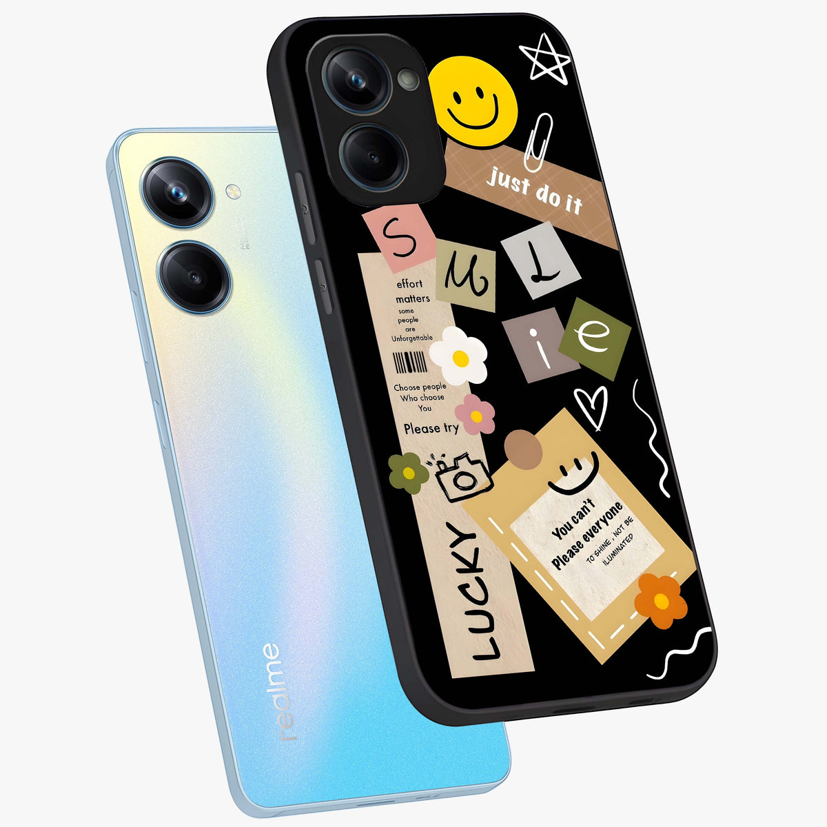 Lucky Aesthetic Collage Glass Case displayed in angled mockup highlighting stylish collage pattern with modern aesthetic vibe.